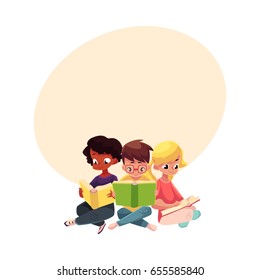 Three children, boys and girls, reading interesting book sitting with crossed legs, cartoon vector illustration with space for text. Kids, boys and girls, Caucasian and black, reading books