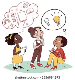 Three children brainstorming ideas with creative thoughts above their heads.