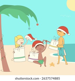 Three children celebrating Christmas Eve on the beach, holding gifts, wearing swimwear and santa hats