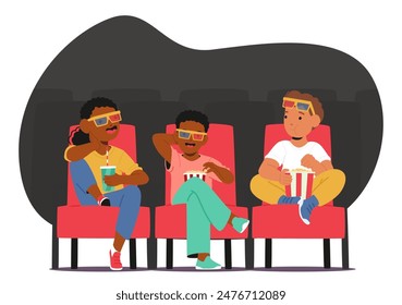 Three Children Characters Enjoying 3d Movie In Cinema, Wearing 3d Glasses And Eating Popcorn. Cartoon Vector Illustration Captures The Excitement And Fun Of Watching A Film With Friends.