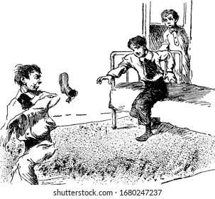 Three children, a child running behind another child, shoe in the air, vintage line drawing or engraving illustration