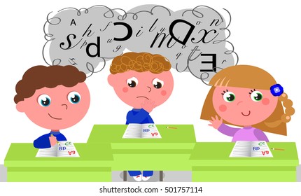 Three children in a classroom being taught about learning difficulties like dyslexia.