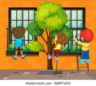 Tres niños trepando la ilustración de la ventana