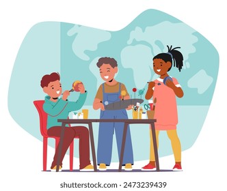 Three Children Are Collaborating On An Art And Craft School Project In A Classroom Setting. They Are Engaged, Smiling And Having Fun, Reflecting Teamwork, Creativity, And Learning. Vector Illustration