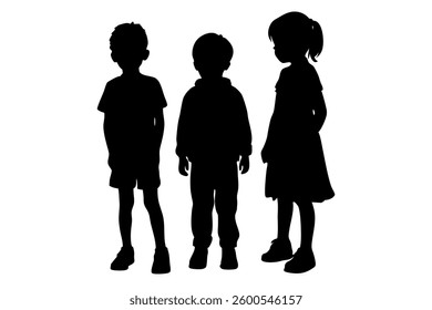 Three children, consisting of two boys and a girl, are depicted in silhouette form against a clean, white background. The children are standing, seemingly posing for a group portrait