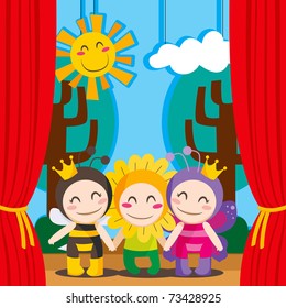 Three children in costumes performing a theater play on stage