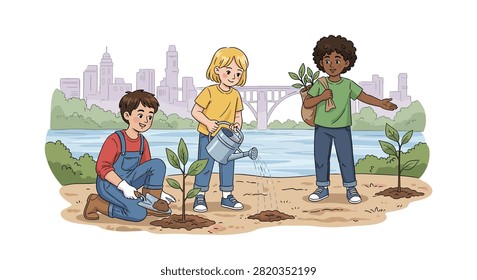 Three children of different ethnicities gardening and planting trees on a riverbank with a large city skyline in the background.