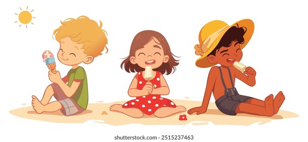 Tres niños de diferentes razas comiendo un helado en la playa. Ilustración de niños que se sienten felices con su helado. Vacaciones de verano o Vector de vacaciones. Jugando en la playa. Concepto de Festiva.