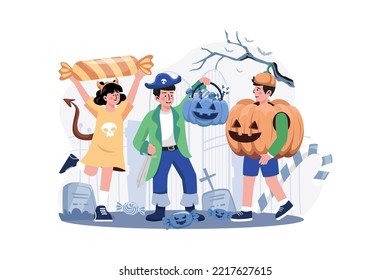 Three Children Dressed With Pumpkins. Halloween Concept.