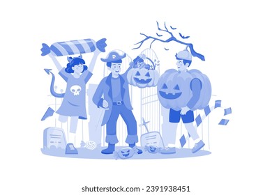 Three Children Dressed With Pumpkins. Halloween Concept.