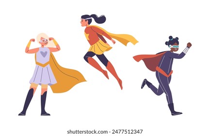 Three Children Dressed As Superheroes Engaging In Heroic Poses. Kids Display Joy, Courage, And Imagination