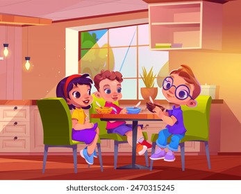 Three children eat food from bowls sitting at table in bright room with large window. Cartoon vector preschool kid friends during breakfast or dinner. Boys and girl in kindergarten dining room.