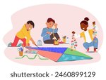 Three Children Engaged In Creative Activities. One Paints On A Kite, Another Constructs A Kite With Colorful Paper, And The Third Displays Handmade Paper Garlands. Cartoon People Vector Illustration