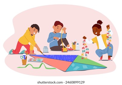 Three Children Engaged In Creative Activities. One Paints On A Kite, Another Constructs A Kite With Colorful Paper, And The Third Displays Handmade Paper Garlands. Cartoon People Vector Illustration