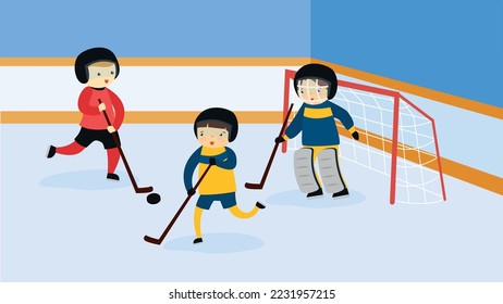 three children in equipment play hockey