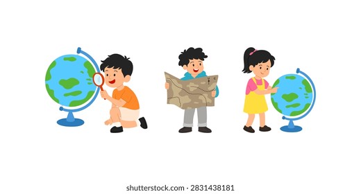 Three children explore geography using a globe, magnifying glass, paper map, colorful clothing, simple flat illustration style.