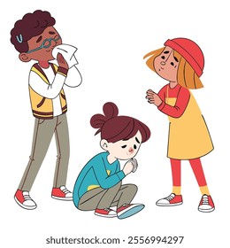 Three children expressing various emotions, highlighting friendship and support.