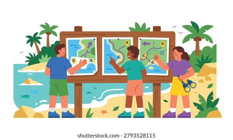 Three children are gathered around a large information board displaying maps of a tropical island, pointing and discussing their route.