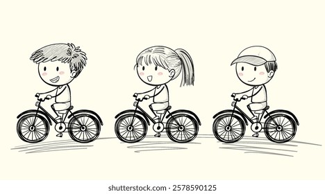 Three children happily cycling side by side