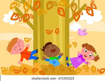 Three children having fun with dried leaves in autumn, vector illustration