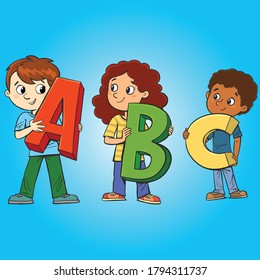 three children hold the letters of the first letters of the alphabet and learn the sounds