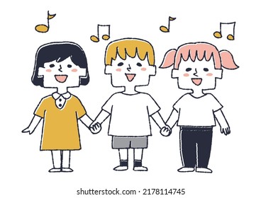  Three children holding hands and singing songs Children spending time in nursery school and kindergarten
