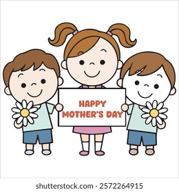 three children holding a sign that says happy mother's day