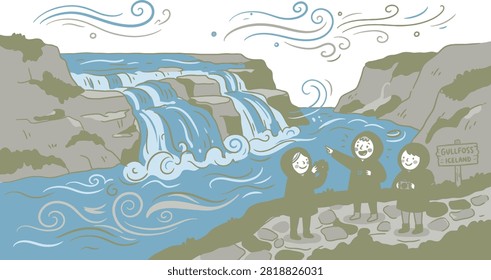 Three children in hooded jackets stand by a scenic waterfall, one pointing and another taking a photo. A sign indicates Gullfoss, Iceland.