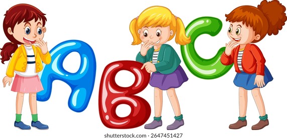 Three children interact with large, colorful alphabet letters. Bright, playful illustration with a focus on education and fun