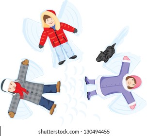 Three Children Make Snow Angels