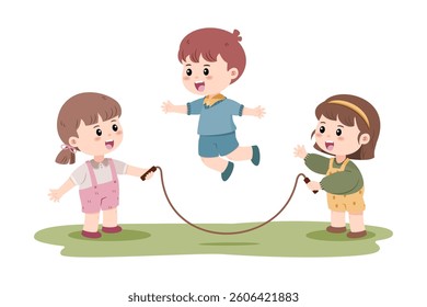 Three children play jump rope outdoors, showcasing fun childhood activities. They are dressed casually, enjoying an active game.
