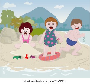 Three children playing on the beach