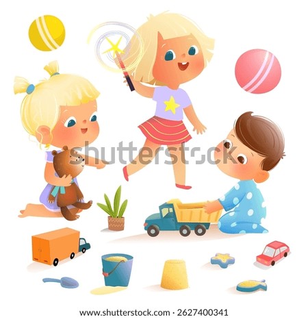 Three Children Playing on Playground with Toys. Little kids friends playing outside or inside. Childhood playtime colorful clipart collection. Vector kids educational cartoon clip art collection.