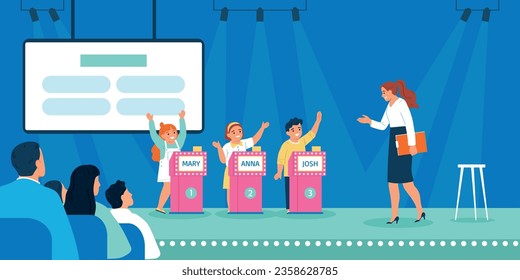 Three children playing quiz game on tv show with female host flat vector illustration