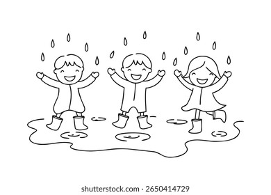 Three children playing in the rain wearing raincoats boots with raindrops puddles