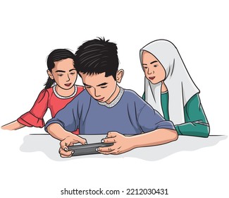 three children are playing smartphone, two girls are watching a boy friend playing a game on a smartphone.