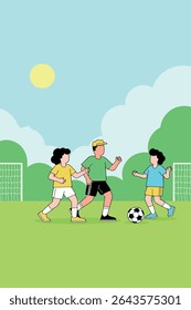 Three children are playing soccer on a sunny day in a park with a soccer ball and goalposts in the background.
