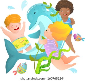 Three Children Playing Swimming with Wild Dolphin in the Sea or Dolphinarium. Little Kids playing with wild sea dolphin. Watercolor style kindergarten, swimming or snorkeling vacations cartoon.
