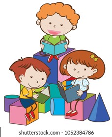 Three children reading books  illustration