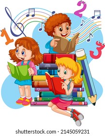 Three children are reading books on a stack of books illustration