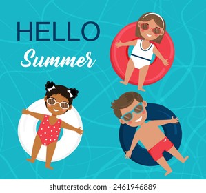 Three children are relaxing on the sea beach or swiming pool. Kids swim in rubber circles. Boy and girls floating on inflatable rings in swimming pool, top view. Vector illustration.