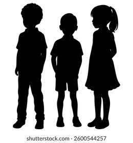 Three children, rendered as silhouettes, are arranged in a standing position. The grouping consists of two boys, one on the left and another in the middle, and a girl on the right.