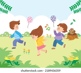 Tres niños corriendo en el bosque.