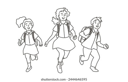 Three children are running and smiling. They are wearing backpacks and are dressed in school uniforms. Hand drawn vector illustration.