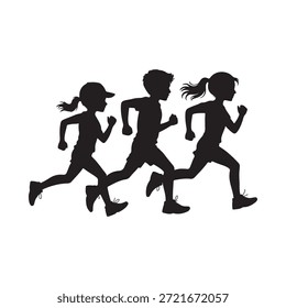 Tres niños silueteados en movimiento corriendo activamente hacia adelante juntos