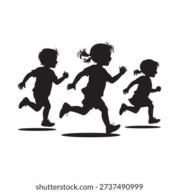 Three children silhouettes running playfully across a white background dynamic and energetic