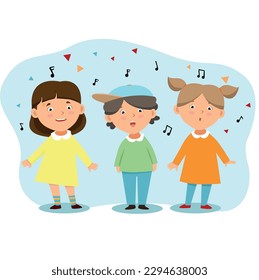 Three children sing on the background of sheet music
