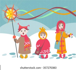 three children singing Ukrainian Christmas carol (vector illustration postcard)