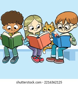 three children sit with a cat between them and read books
