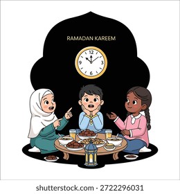 Três crianças sentadas em torno de uma mesa com relógio Ramadan Kareem e comida tradicional Iftar